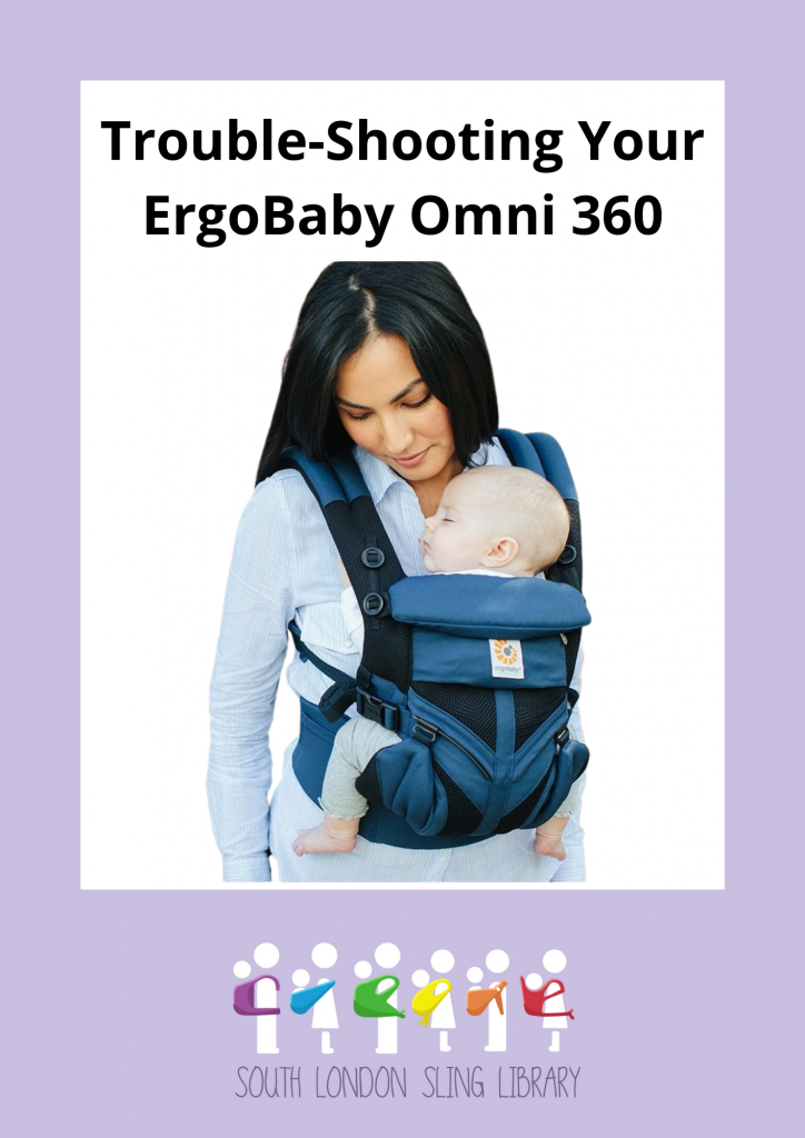 An olive skinned woman, with long dark hair, carries her baby confidently in a navy coloured ErgoBaby Omni 360 Cool Air Mesh Carrier. Text reads Trouble-Shooting Your ErgoBaby Omni 360